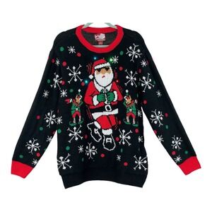 PARTY SWEATER Ugly Christmas Sweater Cool Santa Mens Sz L LIGHTS WORK GREAT!